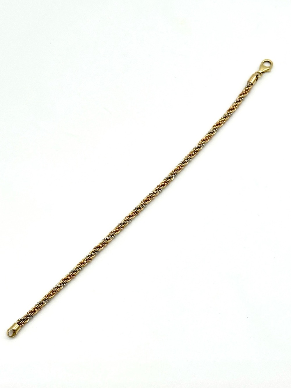 14k Tri Color Gold, 3MM Diamond Cut Rope Bracelet - 7.5”